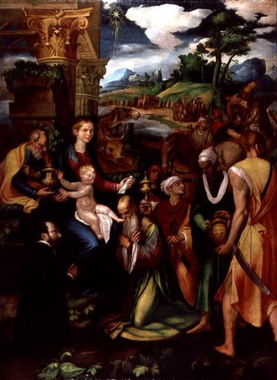 Tilbedelse av magi med en giver (olje og tempera på panel) av Vincenzo da (d.1557) Pavia