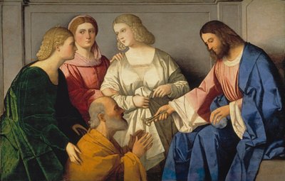 La Remise des clefs a saint Pierre - Kristus gir nøklene til Saint Peter - Catena, Vincenzo di Biagio (ca.1470-1531) - ca. 1520 - Olje på tre - 86x135 - Museo del Prado, Madrid av Vincenzo di Biagio Catena