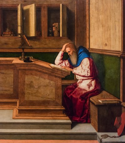 Den hellige Hieronymus i arbeidsrommet sitt, ca. 1515–1520 (blandet teknikk på poppel) av Vincenzo di Biagio Catena