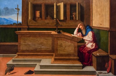 Den hellige Hieronymus i arbeidsrommet sitt, ca. 1515–1520 (blandet teknikk på poppel) av Vincenzo di Biagio Catena