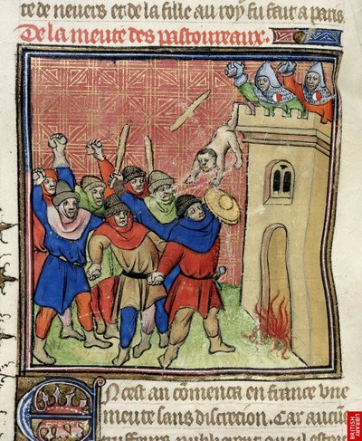 Detalj av en miniatyr av det tredje korstoget av Pastoureaux. Jøder kaster barna sine fra et tårn, etter 1380 av Virgil Master