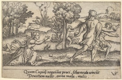 Atalanta og Hippomenes, i forgrunnen Atalanta kneler for å plukke opp et eple og..., ca. 1535-62. av Virgil Solis