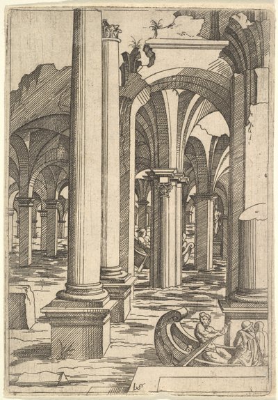 Båter rodde gjennom oversvømmede ruiner, ca. 1550-62. av Virgil Solis