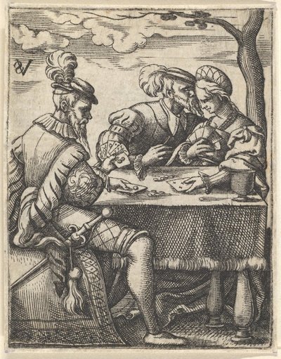 To menn og en kvinne spiller kort ved et bord, en mann presser nesen mot ..., ca. 1535-62. av Virgil Solis