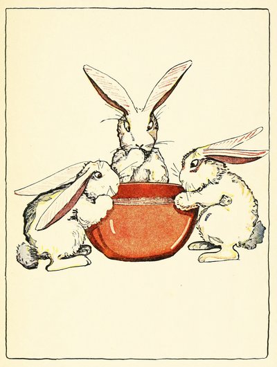 Flopsy, Mopsy og Cotton-Tail hadde brød og melk og bjørnebær til middag, fra The Tale of Peter Rabbit, pub. 1916 (farge litho) av Virginia Albert