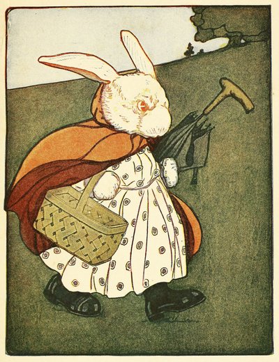 Så gikk gamle fru Rabbit gjennom skogen til bakeren, fra The Tale of Peter Rabbit, pub. 1916 (farge litho) av Virginia Albert