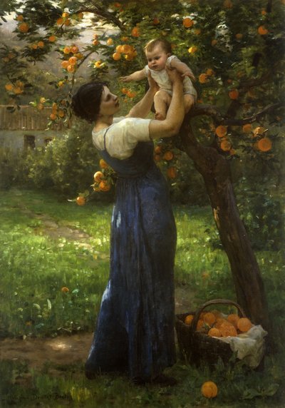 Mor og barn i en appelsinlund (olje på lerret) av Virginie Demont Breton