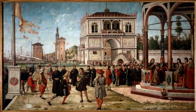 Syklus av Saint Ursulas liv, tredje episode: ambassadørene tilbake til kongen av England. (olje på panel av Vittore Carpaccio