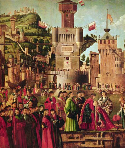 Detalj av møtet mellom Etherius og Ursula og pilegrimenes avgang, fra St. Ursula-syklusen, ca. 1490-96 (detalj av 56472) av Vittore Carpaccio