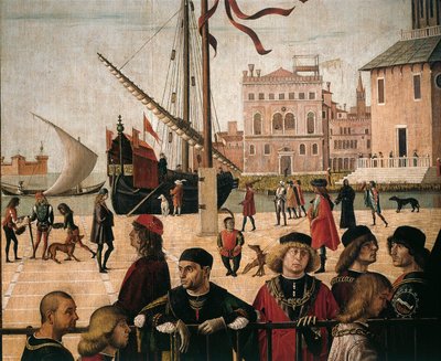 Italia, Venezia, Scener fra livet til Saint Ursula (fra Golden Legend av Jacobus de Voragine) Ankomst av engelske ambassadører, detaljhavn av Vittore Carpaccio