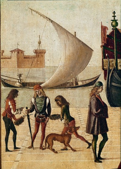 Legend of st Ursula: detaljankomst av ambassadørene (fra den gyldne legenden av Jacopo da Varagine) (temperaa på lerret av Vittore Carpaccio