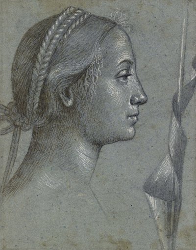 Rekto: Hodet til en kvinne med en vimpel viklet rundt en stang (svart kritt med brun vask, forsterket med hvit kroppsfarge på blekt blågrått papir) av Vittore Carpaccio