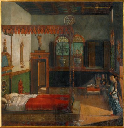 Den hellige Ursula drømmer om sitt kommende martyrium, annonsert av en engel (maleri på lerret) av Vittore Carpaccio