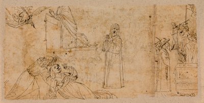 Studier for en kunngjøring; for St. Agathas martyrium; for en sørgende Madonna (penn og blekk over kritt på papir) (verso av 5933930) av Vittore Carpaccio