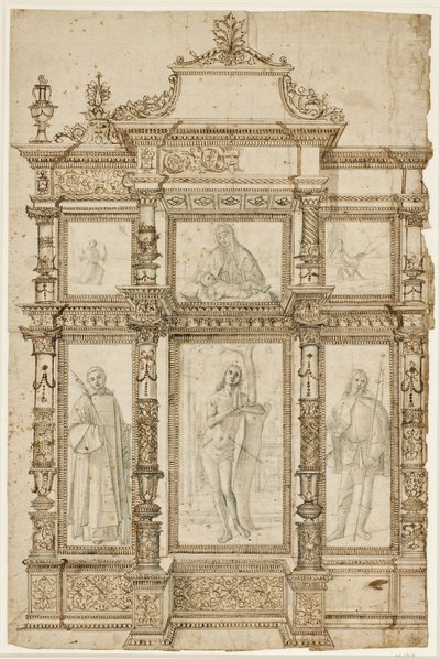 Studie for en altertavle med seks bilder satt i en utsmykket struktur av rammer. Øverst: Stigmatiseringen av St Francis, Madonna og Child, St Hieronymus i villmarken; nederst: Sts Lawrence, Sebastian og Roch av Vittore Carpaccio