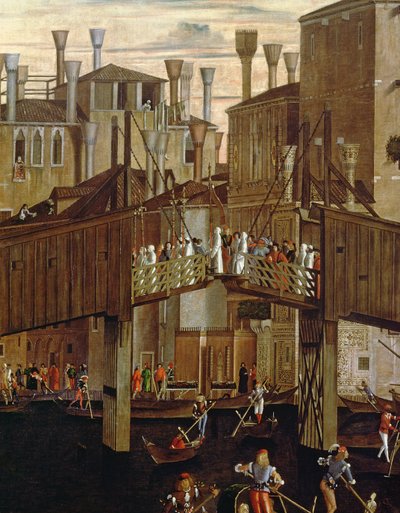 Miracle of the Relic of the Holy Cross, detalj av den gamle Rialtobroen, fra Scuola di San Giovanni Evangelista, ca. 1494 av Vittore Carpaccio