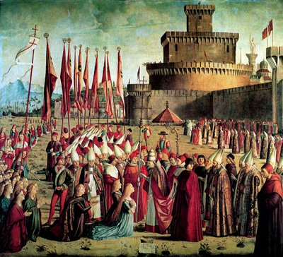 Pilegrimene blir møtt av pave Cyriacus foran Romas murer The Legend of Saint Ursula, 1497 av Vittore Carpaccio