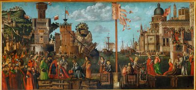 Møtet mellom Ursula og hennes forlovede Ereo; pilegrimenes avreise … (maleri på lerret) av Vittore Carpaccio