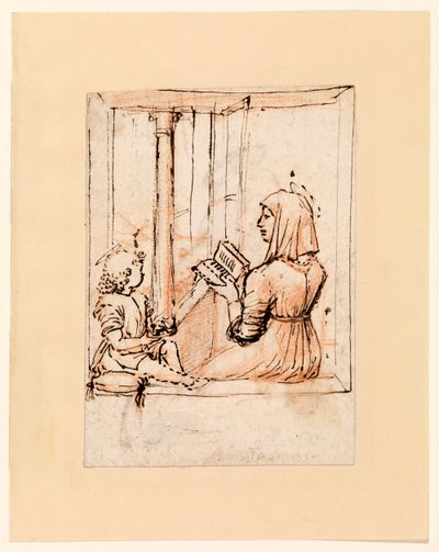 Jomfru Maria leser for spedbarnet Kristus (recto), slutten av 1480-tallet-begynnelsen av 1490-tallet (penn og mørkebrunt blekk over rødt kritt, på lagt papir) av Vittore Carpaccio