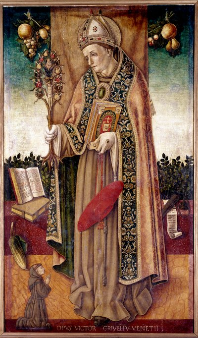 Representasjon av Saint Bonaventure (San bonaventura) som holder forløsningens tre Bonaventure Tolomei var en dominikaner i Siena som døde i 1348 av pesten"" Maleri av Vittore Crivelli (1440-1502) Paris fra 1500-tallet, Musee Jacquemart Andre av Vittorio Crivelli