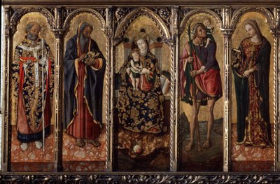 ""Madonna og barn med hellige"" Er representert: Saint Nicolas of Myre eller Bari (270-345), Saint Anthony Abbed (Saint Anthony the Great (250/251-356) (eller Saint Anthony eremitten ), Saint Christopher and Saint Catherine (av Alexandria?). av Vittorio Crivelli