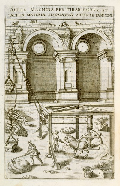 Hestedrevet maskin for løfting av byggematerialer, fra 'New Theatre of Machines and Buildings', pub. 1607 av Vittorio Zonca
