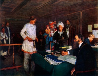 På kontoret, slutten av 1800-begynnelsen av det 20. århundre, 1965. av Vladimir Egorovic Makovsky
