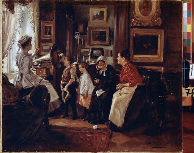 Au grammofon. (Ved grammofonen). Peinture de Vladimir Yegorovich Makovski (Makovsky, Makovskij) (1846-1920), huile sur toile av Vladimir Egorovic Makovsky
