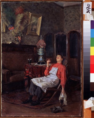 I eiers fravær. En ung tjener, med forkle og rengjøringsverktøy, ligger sammensunket på en stol og røyker en sigar. Maleri av Vladimir Yegorovich Makovsky (Makovsky, Makovskij) (1846-1920), olje på lerret, ca. av Vladimir Egorovic Makovsky