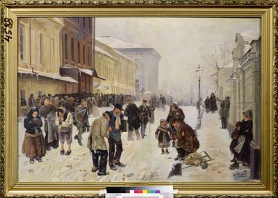 The Night Asylum (Dosshouse). Gatebilde, en mengde trengende, hjemløse mennesker er samlet foran mottaksbygningen, lider av kulde og fattigdom. Maleri av Vladimir Yegorovich Makovsky (Makovsky, Makovskij) (1846-1920), olje på lerret av Vladimir Egorovic Makovsky