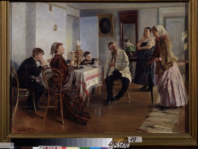 Ansette en hushjelp (A Maid Employment). En ung kvinne søker om et sted, med forbehold om spørsmål fra husets elskerinne, under blikket til mannen sin og barna, sittende ved tetid. Den unge kvinnen blir også observert av en ansatt av Vladimir Egorovic Makovsky