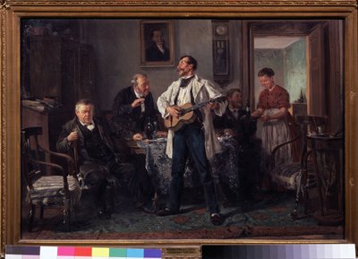 Venner. Samlet rundt et bord i en stue lytter de til en gitarist som synger mens en kvinne gir dem en ny flaske vin. Maleri av Vladimir Yegorovich Makovsky (Makovsky, Makovskij) (1846-1920), olje på t. av Vladimir Egorovic Makovsky
