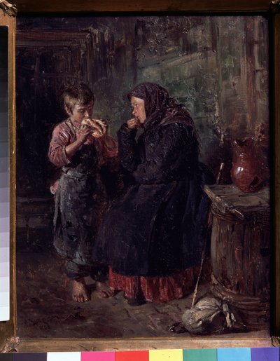 Gjenforeningen (The Reunion). En mor som har kommet for å besøke barnet sitt, stokk og ryggsekk liggende på bakken, hun har fortsatt frakken og skjerfet på hodet og sluker sønnen med øynene mens han spiser en slags brioche. Han er barbeint, av Vladimir Egorovic Makovsky