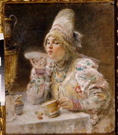 Te-tid. (En Boyar-kvinne (brett, boiar), i tradisjonell kjole og hodeplagg fra hertugdømmet Moskva, sitter i nærheten av en samovar og drikker teen hun har skjenket i koppen. Maleri av Konstantin Yegorovich Makovsky (Constantin Mako av Vladimir Egorovic Makovsky