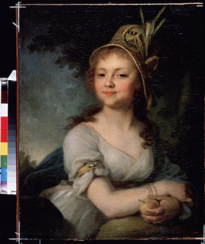 Portrett av Ekaterina Arsenyeva. Hun har hatt og armbånd og holder en frukt. (Portrett av Ekaterina Arsenyeva). Maleri av Vladimir Lukich Borovikovsky (eller Borovikovsky) (1757-1825). Olje på lerret, ca 1790, 71,5 x 56,5 cm, russisk kunst, klassisk av Vladimir Lukich Borovikovsky