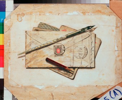Et brev og spillekort. Stilleben. Verk av Vladimir Pavlovich Sokolov (1860-1913), akvarell på papir. russisk kunst av Vladimir Pavlovich Sokolov