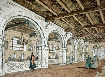 Design for interiøret i en bank, basert på 1600-tallsstil av Vladimir Pokrovsky