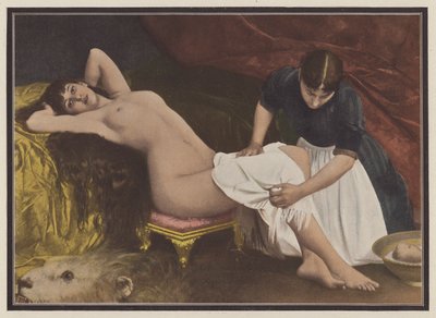 Kvinne som reiser seg fra sengen (farge litho) av Vlaho Bukovac