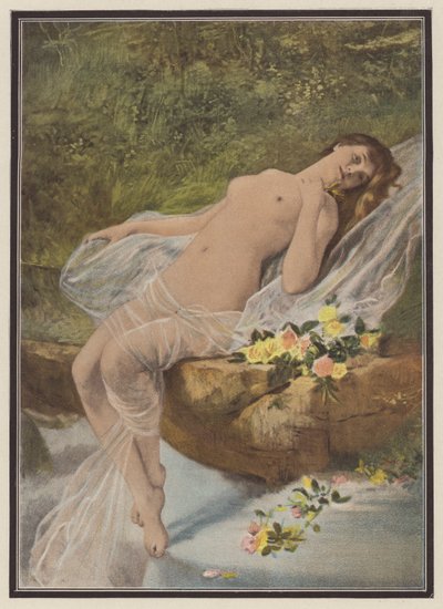 Kvinne med blomster (farge litho) av Vlaho Bukovac