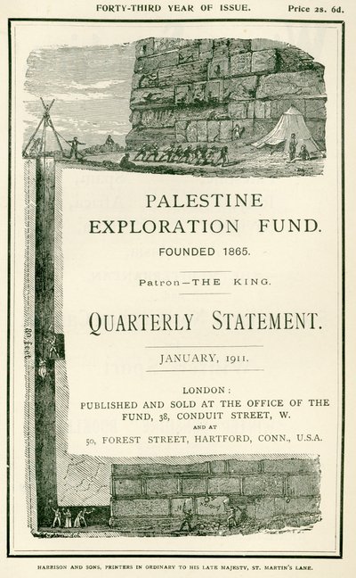 Frontispice som skildrer utforskningene utført av løytnant Charles Warren og hans menn, nær den sørlige muren til Haram al Sharif, Jerusalem, fra Quarterly Statement of the Palestine Exp av W.H. Simpson