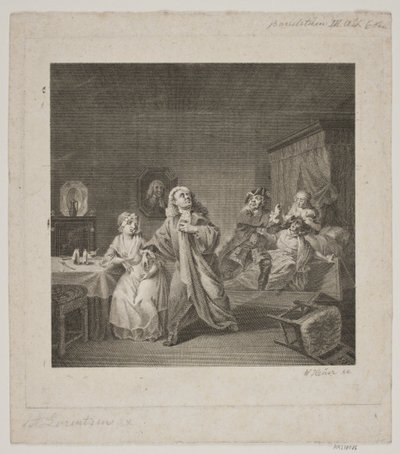 Fødeavdeling III. akt 6 scene. Gravering etter Lorenzens Holberggalleri. av WIlhelm Heuer