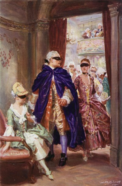 "En dame i en domino kom bort til ham ... og hvisket ham" (farge litho) av W.R.S. (after) Stott