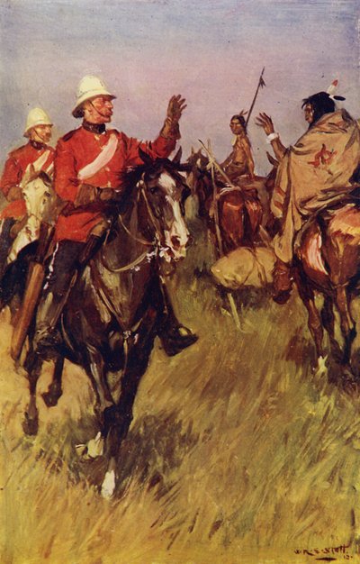 En utveksling av hilsener på prærien (farge litho) av W.R.S. (after) Stott