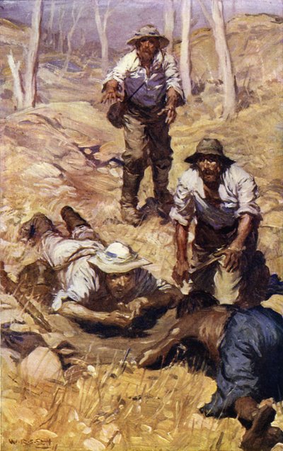 Kaptein Gray og hans parti finner vann (farge litho) av W.R.S. (after) Stott