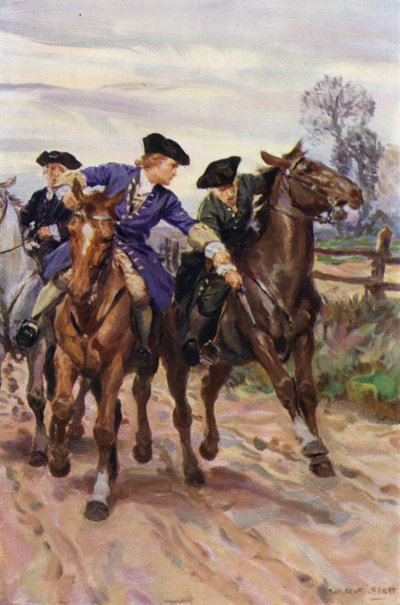 "Jones tok øyeblikkelig tak i karens hånd" (farge litho) av W.R.S. (after) Stott