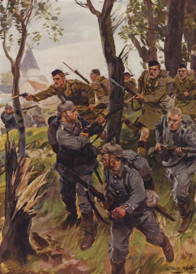 Seaforth Highlanders styrter fienden (farge litho) av W.R.S. (after) Stott