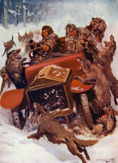 "De voldsomme skapningene så ut til å overkjøre bilen" (farge litho) av W.R.S. (after) Stott