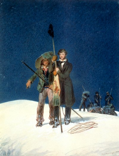 Charles Fellows med William Hawes, planter en stafettpinne på toppen av Mont Blanc, 1827 av WS Hastings