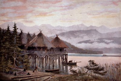 Forhistorie: landsbybati på påler ved bredden av Zürichsjøen i Pierres tidsalder. Lake village, forhistorisk innsjøby. Fra et maleri av W. Kranz 20. århundre av W. (after) Kranz