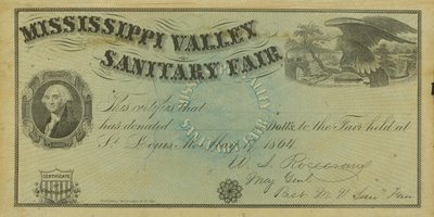 Blankt illustrert bidragsbevis for donasjoner gitt på Mississippi Valley Sanitary Fair, 7. mai 1864 av W. A. Rosecrans